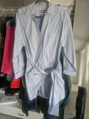 KDD Striped Button-Down Shirt Dress with Waist Tie